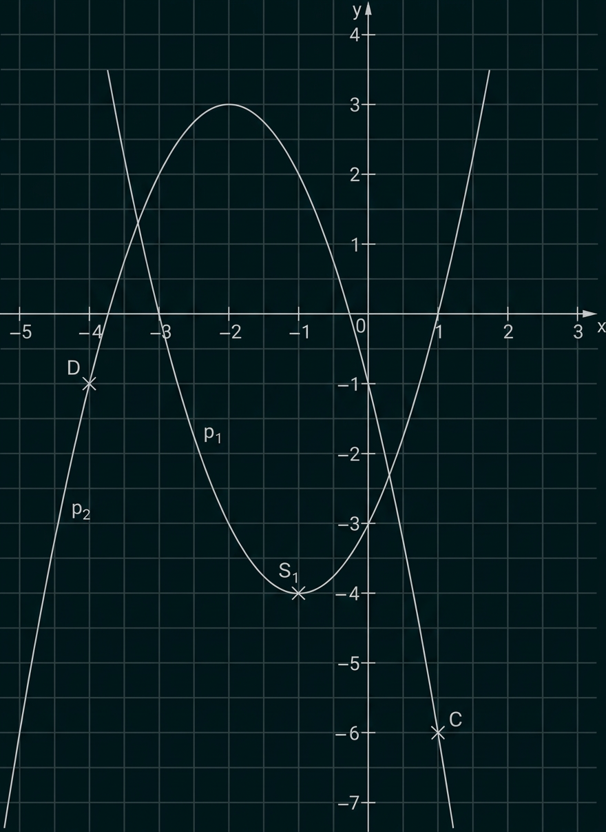 Koordinatensystem mit zwei Parabeln und den markierten Punkten D, C und S₁.